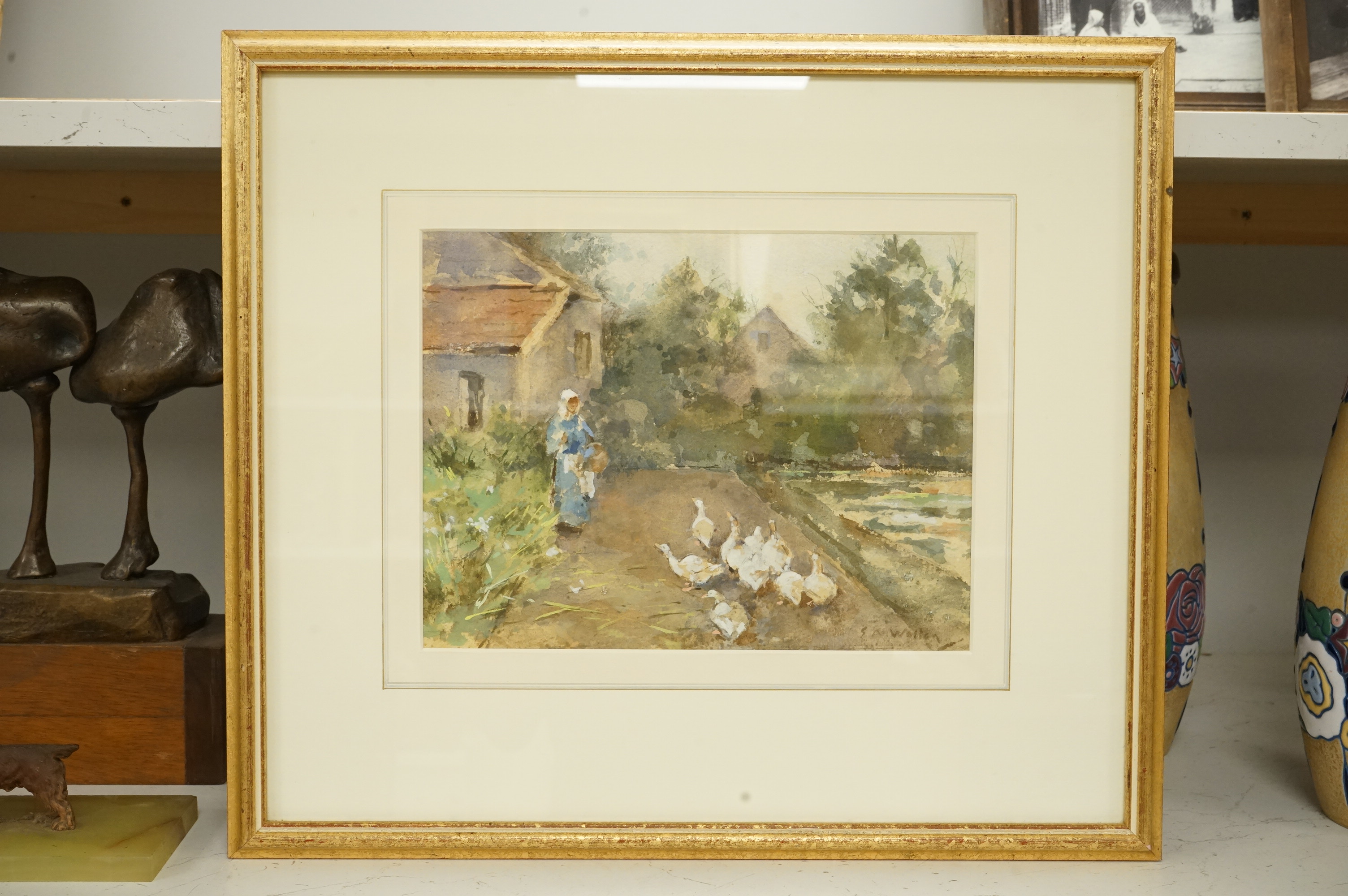 E.A. W…, Feeding the ducks, indistinctly signed lower right, watercolour, 20 x 27cm